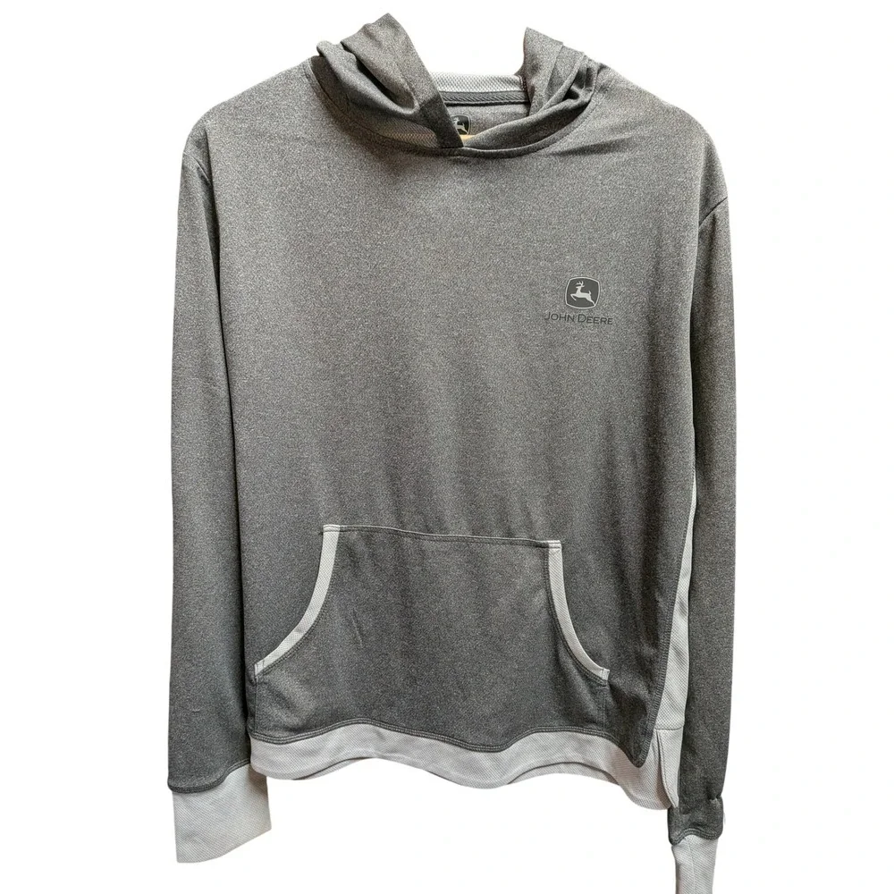 John Deere Mens XL Performance Hoodie Gray White‎ Mesh Trim Pullover Sweatshirt